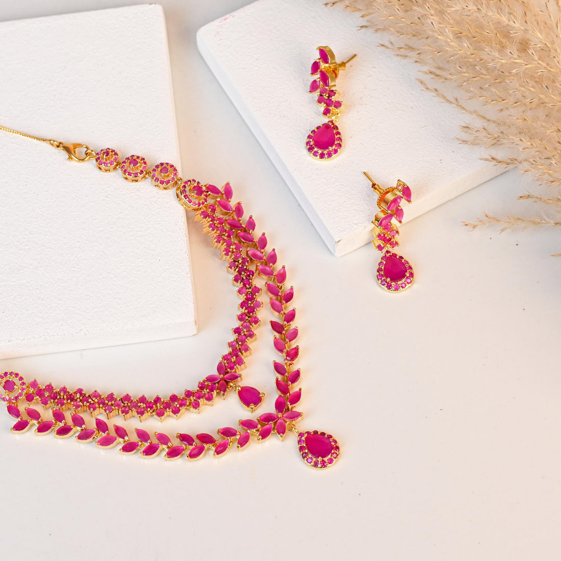 Ruby Layered Necklace Set, Designer Gold Plated Heavy Red Stone Jewelry, Premium Ruby Double Layer Necklace with earrings, Anniversary Gift — 2