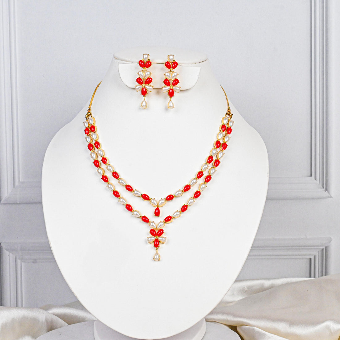 Pearl Coral Necklace Set | Italian Style Gold Plated Jewelry | Handmade Layered Necklace & Earrings | Elegant Gift for Her | Pearl Jewelry