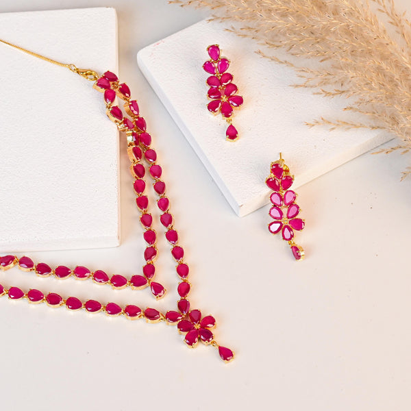 22K Yellow Gold Plated Ruby Red Designer Two Layered Necklace Set with Earrings | Wedding Jewelry | Gift For Her | Bridal Jewelry Set