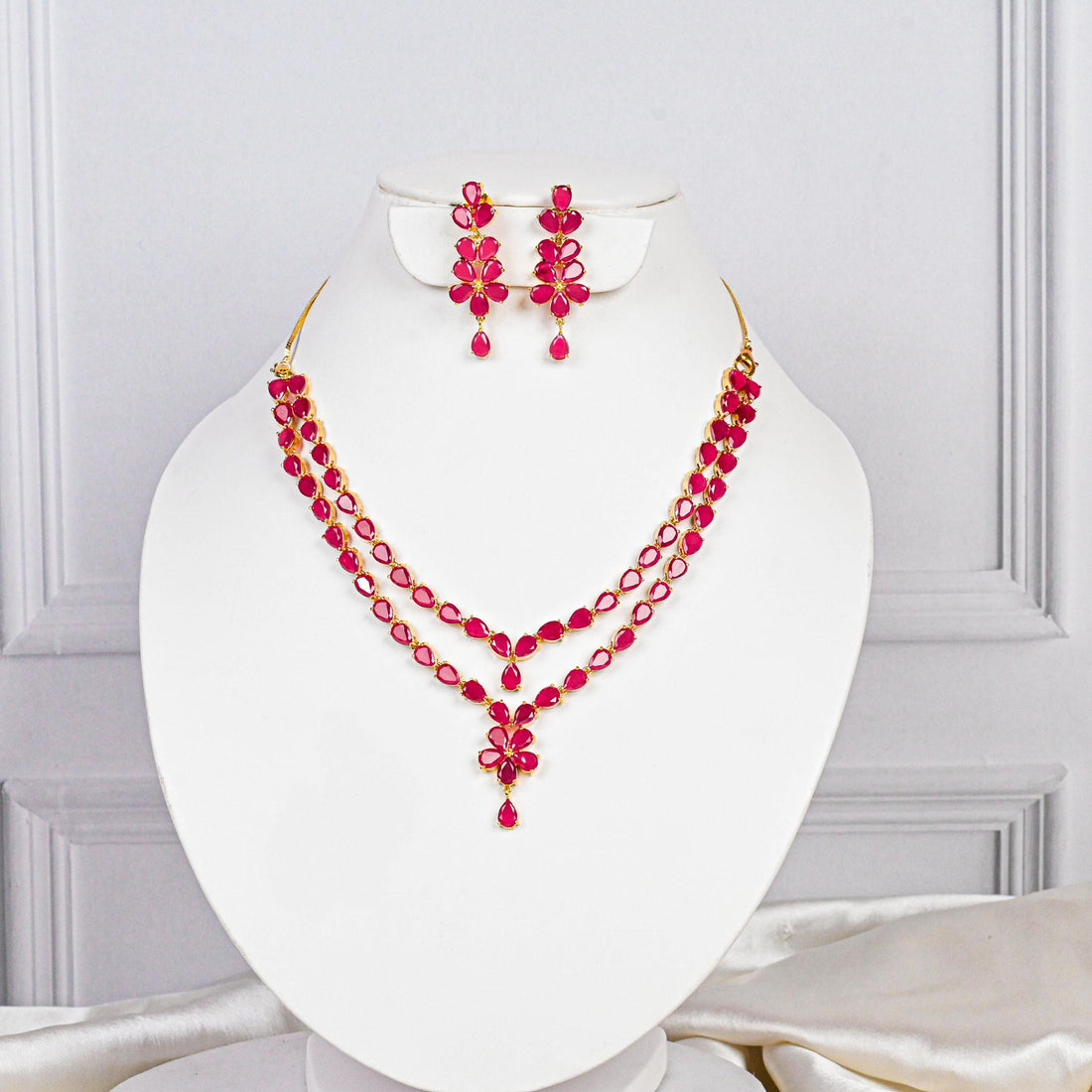 22K Yellow Gold Plated Ruby Red Designer Two Layered Necklace Set with Earrings | Wedding Jewelry | Gift For Her | Bridal Jewelry Set — 3