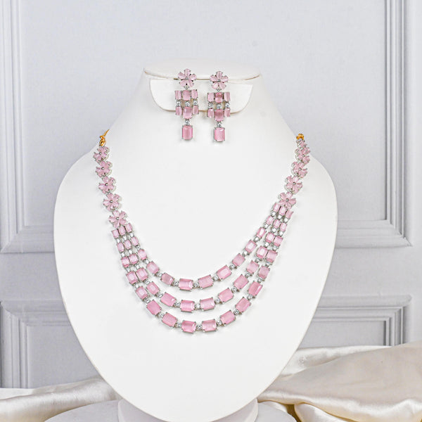 18K White Gold Plated Morganite Pink Gemstone Necklace Set |Octagon Cut Stones |Floral Layered Necklace & Earring Set | Wedding Gift For Her