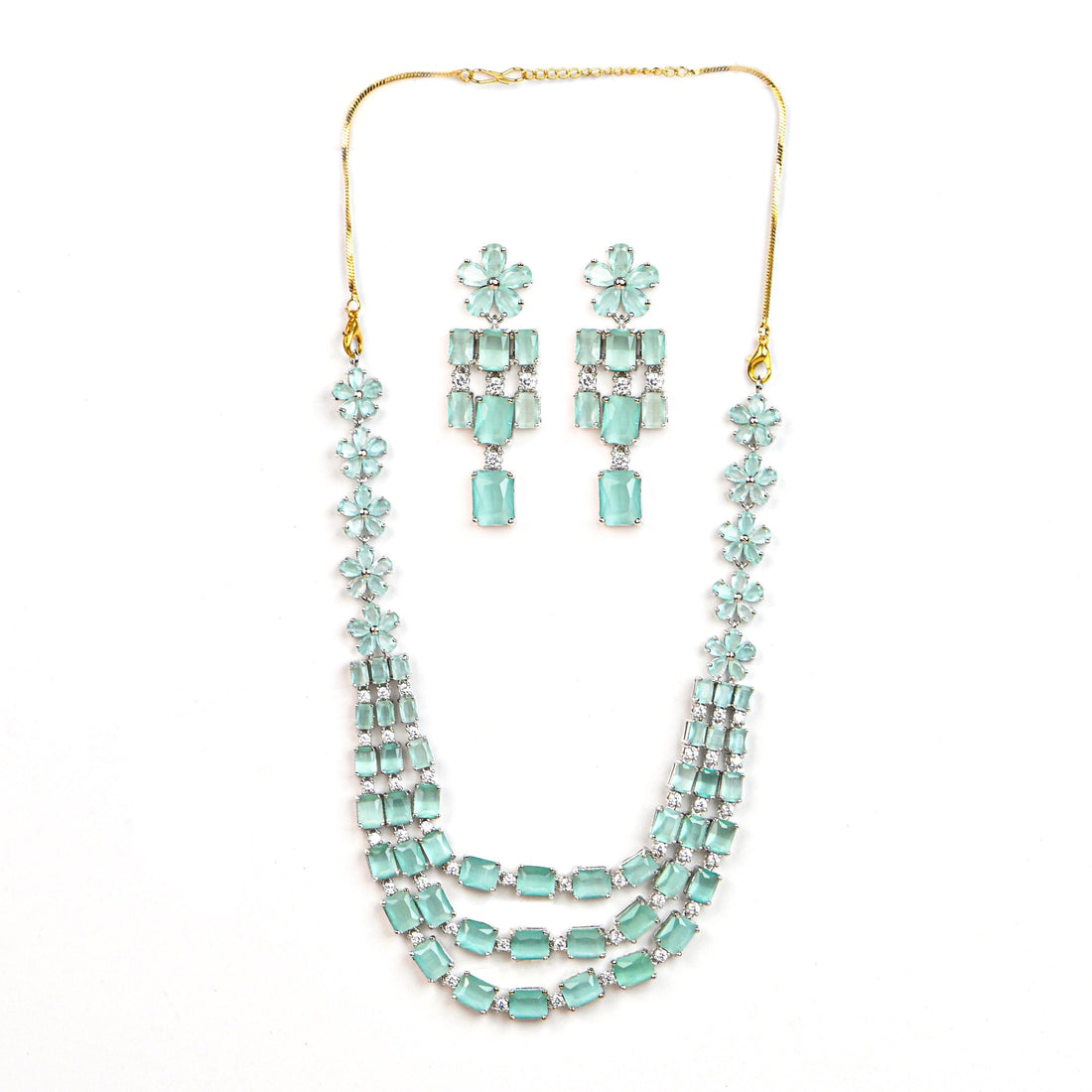 18K White Gold Plated Aquamarine Necklace Set | Mint Green Simulated Gemstone Jewelry | Floral Layered Necklace & Earrings Set for Women — 4