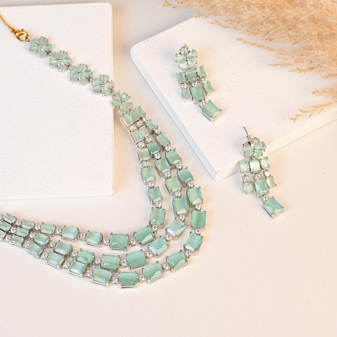18K White Gold Plated Aquamarine Necklace Set | Mint Green Simulated Gemstone Jewelry | Floral Layered Necklace & Earrings Set for Women — 2