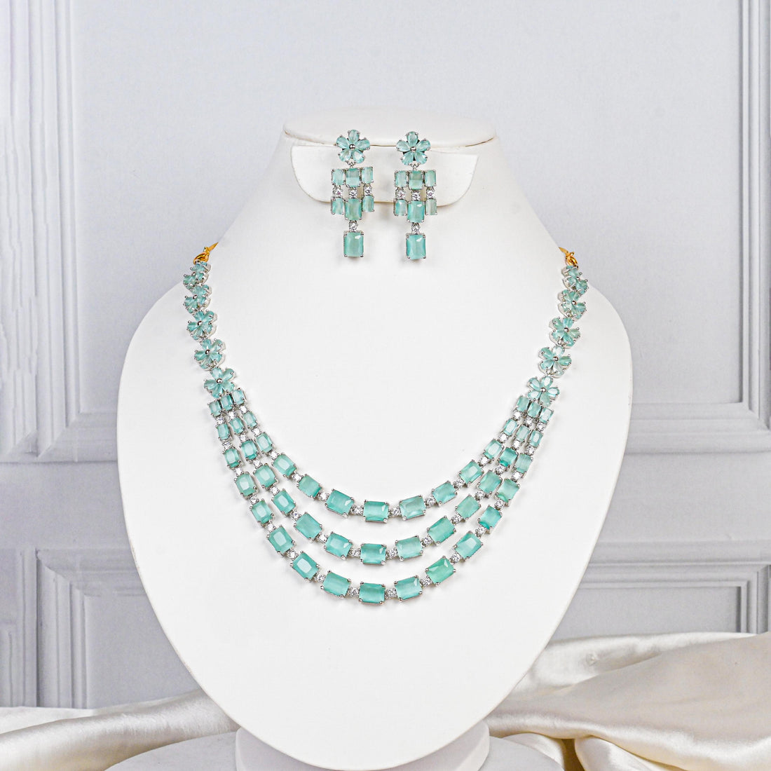 18K White Gold Plated Aquamarine Necklace Set | Mint Green Simulated Gemstone Jewelry | Floral Layered Necklace & Earrings Set for Women