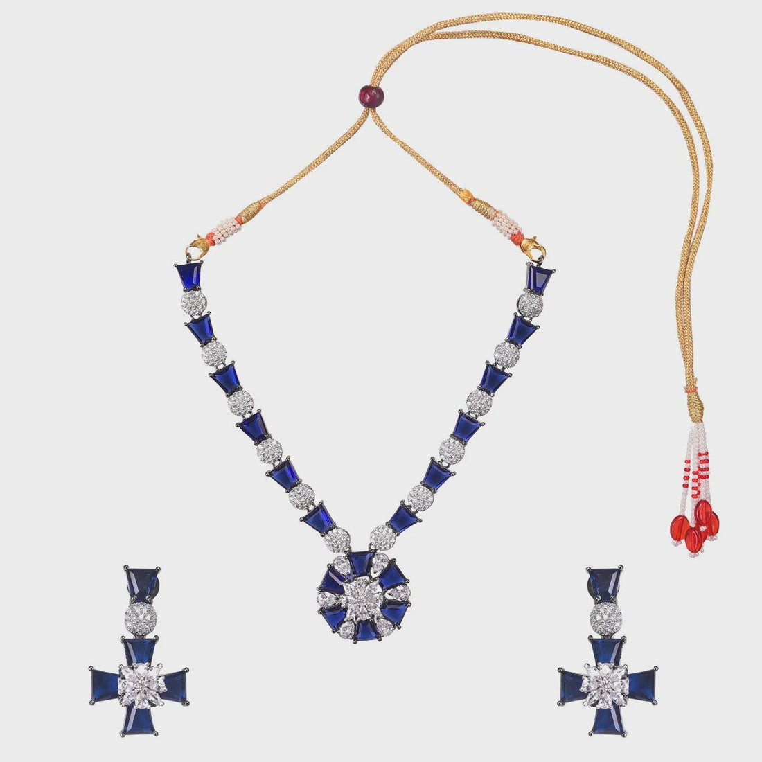 Blue Sapphire Gemstone Necklace Set | Wedding Bridal Silver Tone Handmade Dainty | Party Earrings Statement Jewelry | Indian Wedding Set — 2