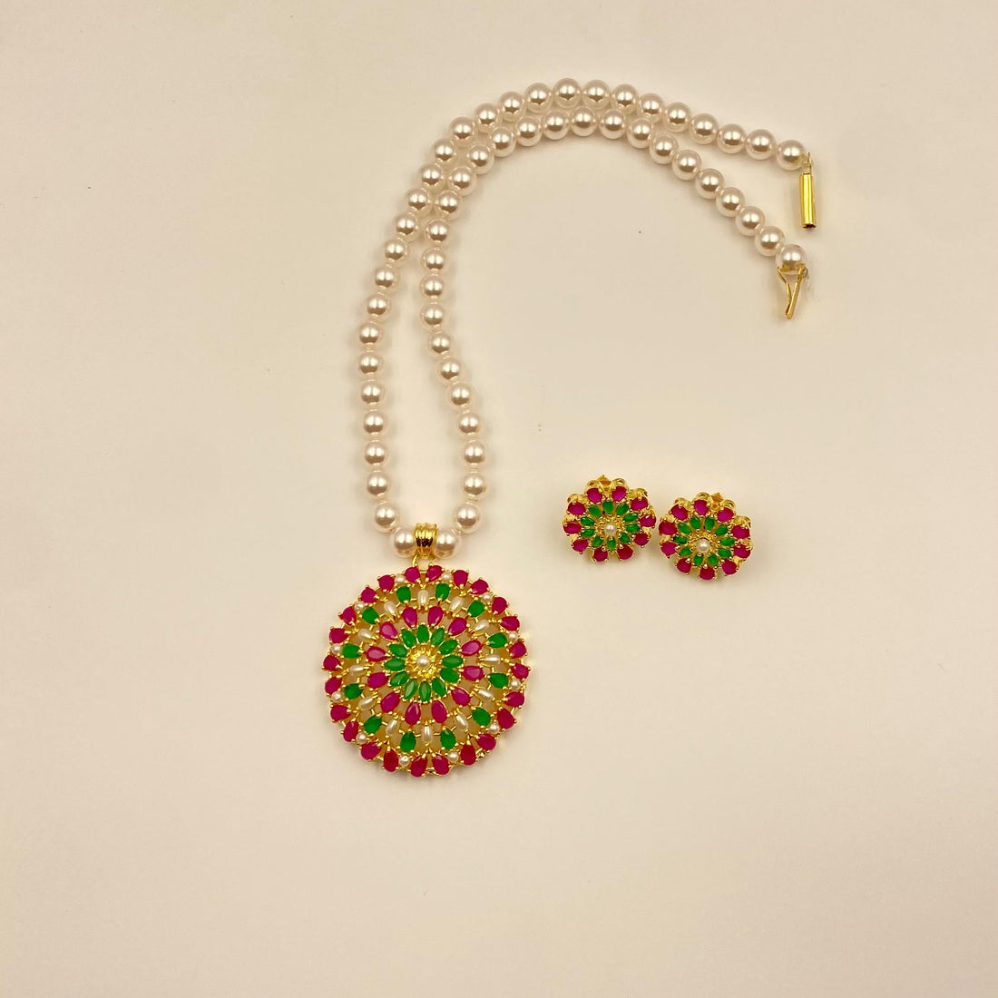 Handmade Pearl Beaded Pendant Necklace & Earrings | 22K Gold Plated Ruby Emerald Jewelry | South Indian Bridal Wedding Necklace