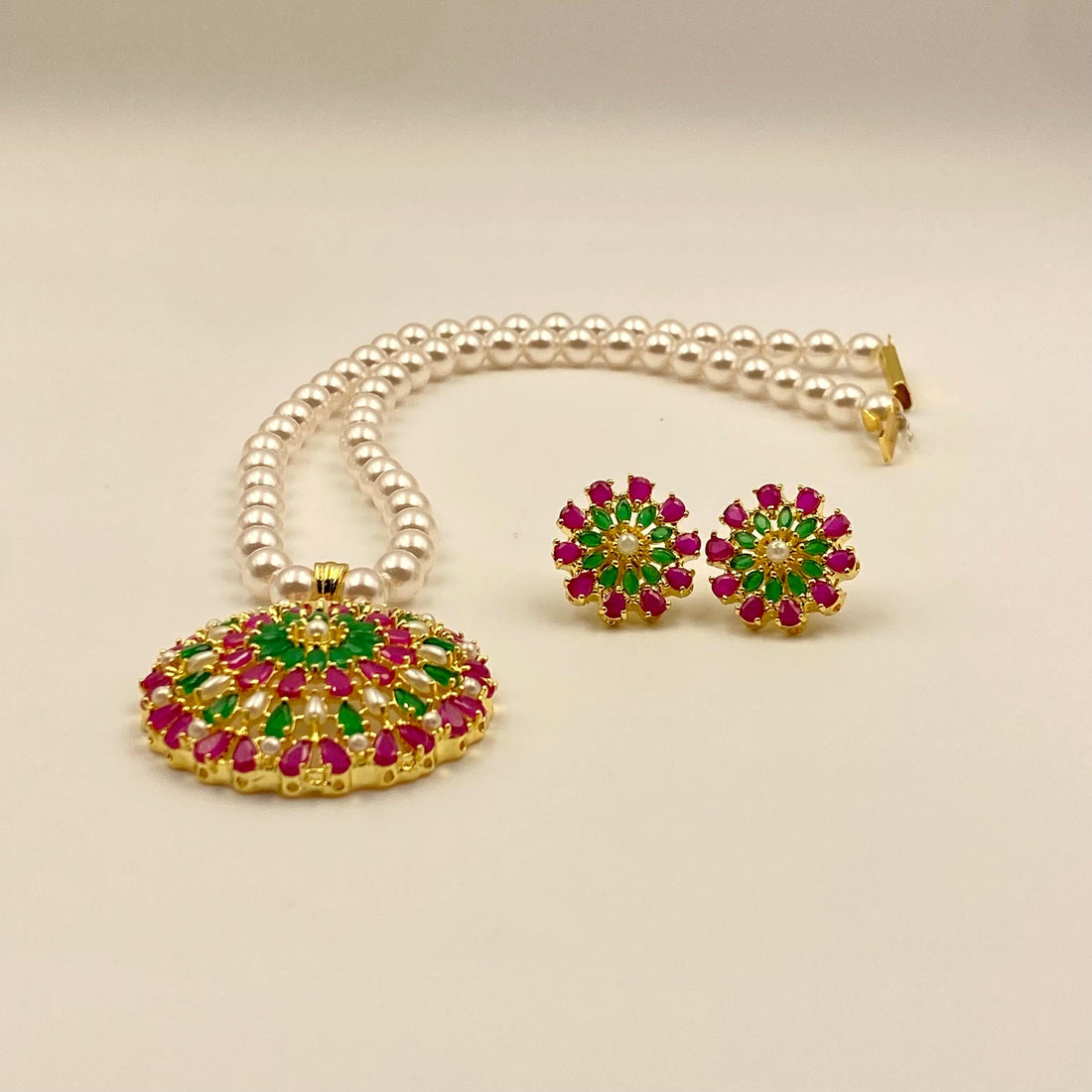 Handmade Pearl Beaded Pendant Necklace & Earrings | 22K Gold Plated Ruby Emerald Jewelry | South Indian Bridal Wedding Necklace — 3