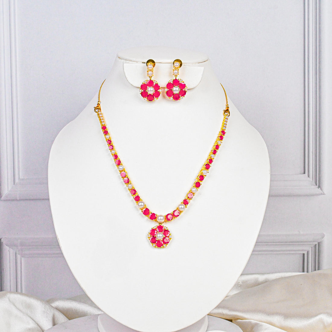 Gold Plated Ruby Pearl Floral Necklace | South Indian Lightweight Bridal Jewelry | Traditional Wedding Wear | Ruby Necklace | Gift for Her