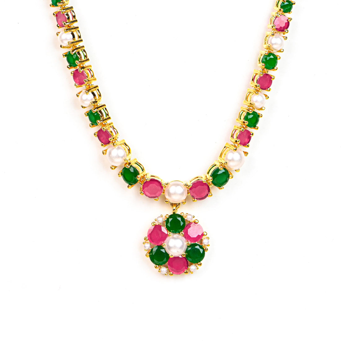 Gold Plated Handmade Ruby Emerald Pearl Necklace Set | Traditional Ethnic Bridal Wedding Jewelry | Statement Necklace | Gift For Women — 4
