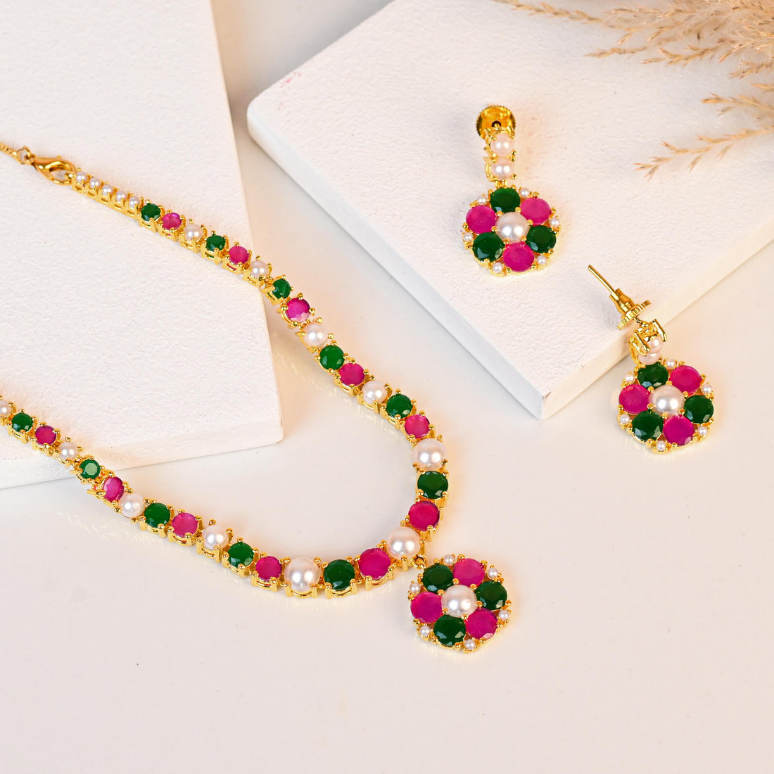 Gold Plated Handmade Ruby Emerald Pearl Necklace Set | Traditional Ethnic Bridal Wedding Jewelry | Statement Necklace | Gift For Women — 2