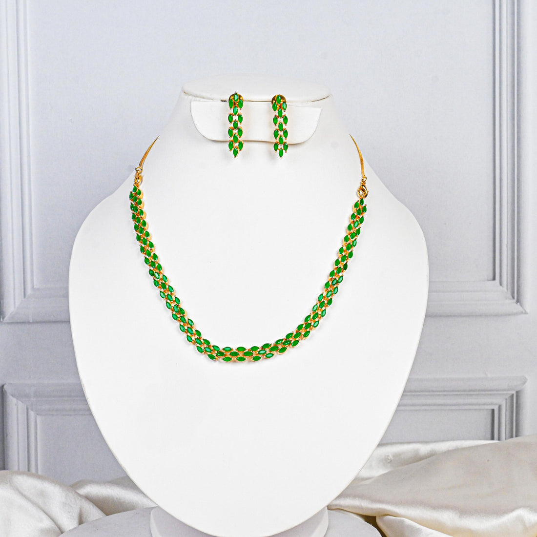 Green Gemstone Necklace and Earrings Set | Gold Plated Marquise Cut Emerald Necklace |Wedding Necklace  | Statement Necklace  | Gift For Her