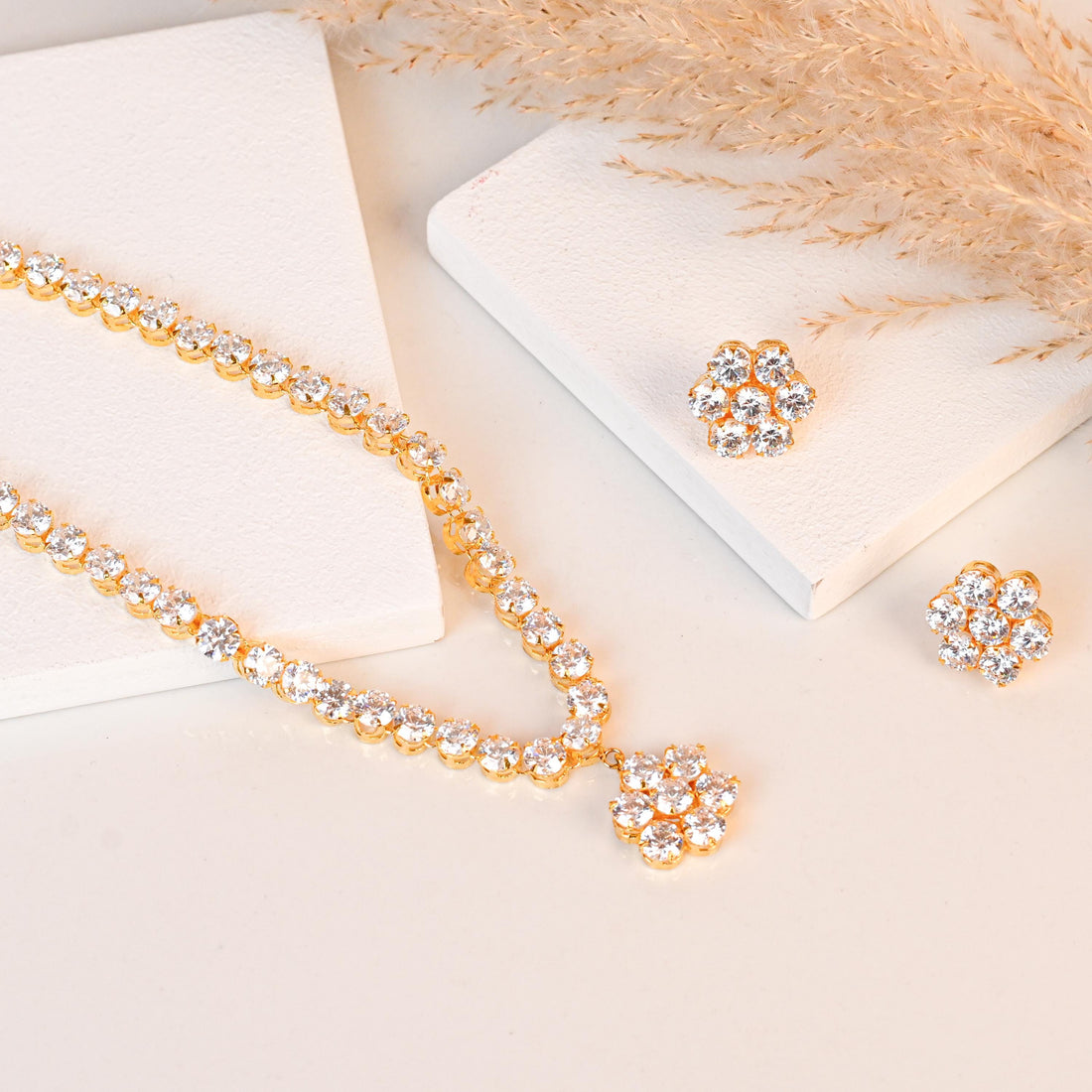 White CZ Diamond Necklace Set | Gold Plated Bridal Jewelry | Gift For Wife | Floral Necklace with Stud Earrings |  Wedding Set — 2