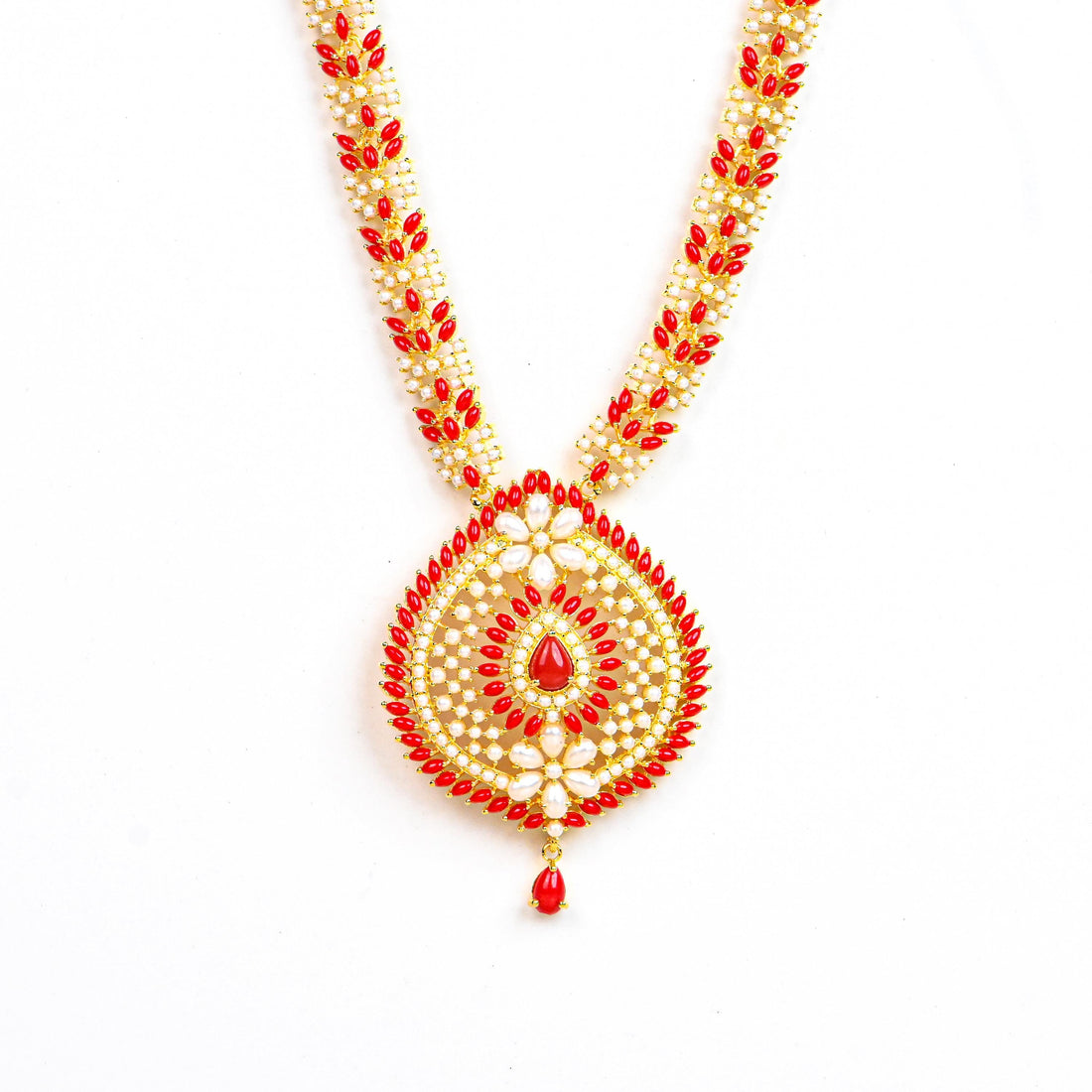Coral and Pearl Long Necklace Set | Gold Plated Indian Jewelry | Wedding Jewelry Set | Traditional Bridal Jewelry Gift — 4