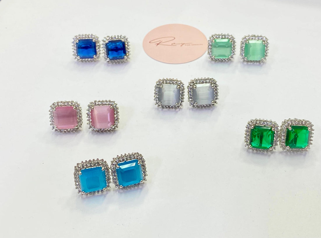 14K White Gold Plated CZ Stud Earrings | AAA Quality Square Cut | Minimalist Lightweight Earrings | Multiple Colors | Gift for Her — 3