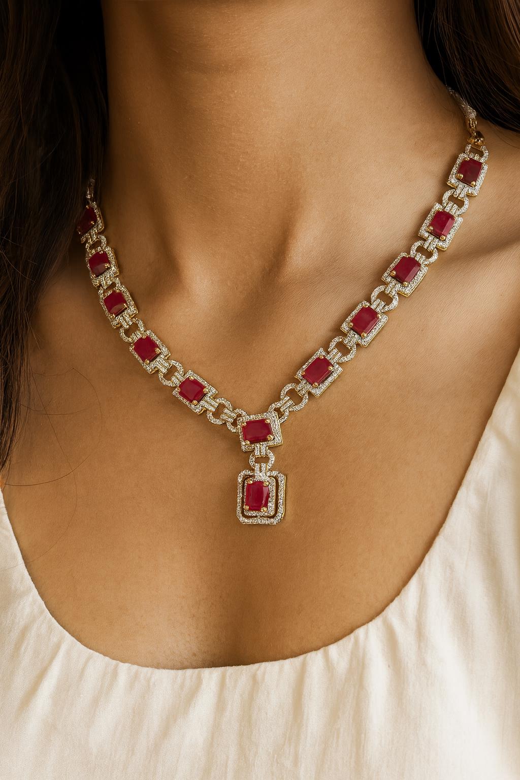 22K Gold Plated Premium Ruby Y Necklace | Handmade Red Stone Statement Jewelry | Elegant Diamond Necklace for Women | Bridal Gift