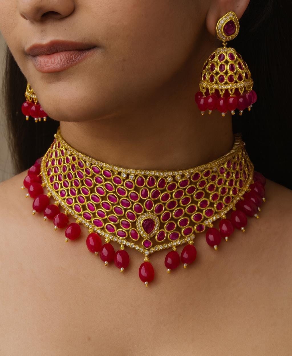 Gold Plated Ruby Choker Necklace: South Indian Bridal Jewelry Set
