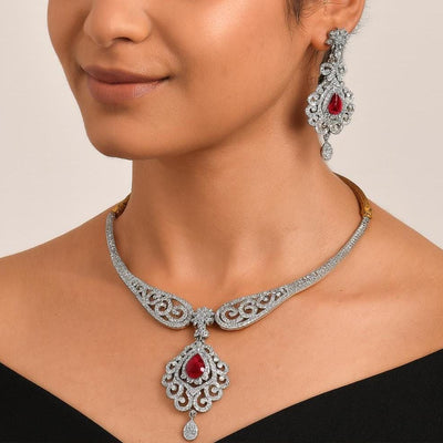 22K Yellow Gold Plated Diamond Ruby Necklace Set with Earrings | Designer Elegant Bridal Wedding Statement Jewelry | Gift for Women