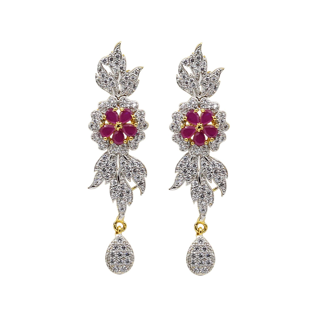 Ruby Flower CZ Necklace Set | Silver Plated Bridal Wedding Jewelry | Real Diamond Statement Necklace with Earrings | Gift For Her — 3