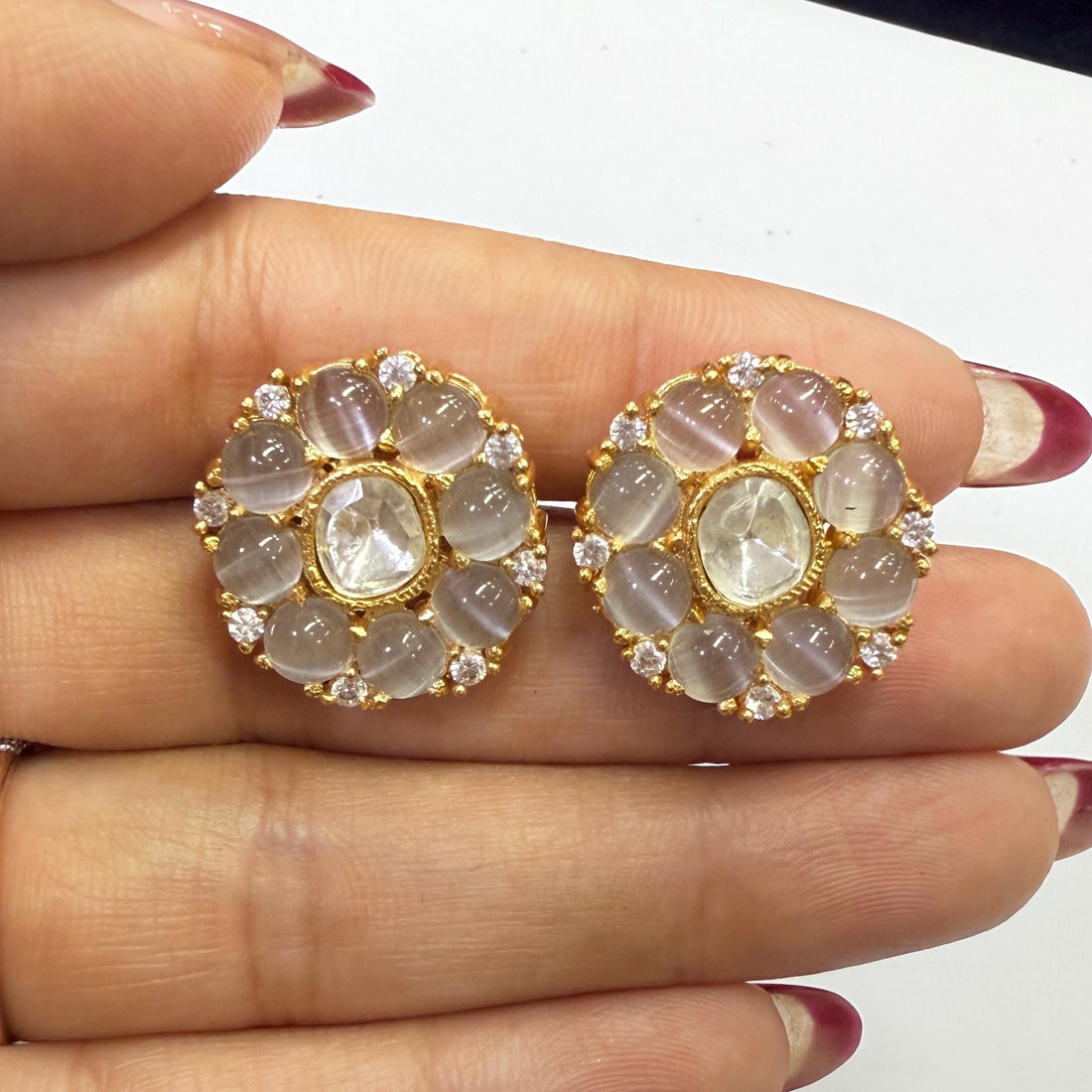 Kundan Polki Floral Stud Earrings | Gold Plated Round Stone Studs| Statement Indian Jewelry | Festive Wedding Earrings | Gift For Her — 4