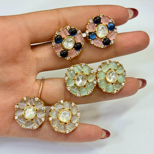 Kundan Polki Floral Stud Earrings | Gold Plated Round Stone Studs| Statement Indian Jewelry | Festive Wedding Earrings | Gift For Her