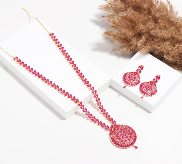 22k Gold Plated Ruby Long Haram Necklace Set | South Indian Bridal Jewelry | Ethnic Wedding Statement Necklace Earrings | Gift For Her