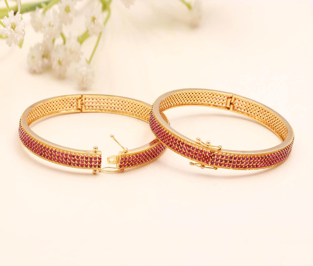 Handmade Ruby Stone Bangles Set | 22K Gold Plated Indian Jewelry | Elegant Red Crystal Kada | Traditional Ethnic Bridal Bangle — 2