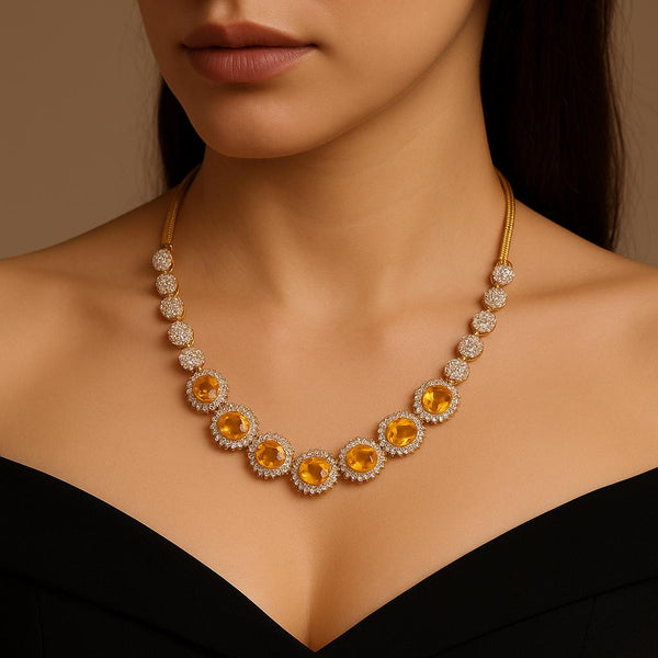18K Rose Gold Plated Yellow Stone Necklace | Yellow Topaz Gemstone Jewelry | Indian Wedding Necklace | Engagement Necklace | Gift For Her