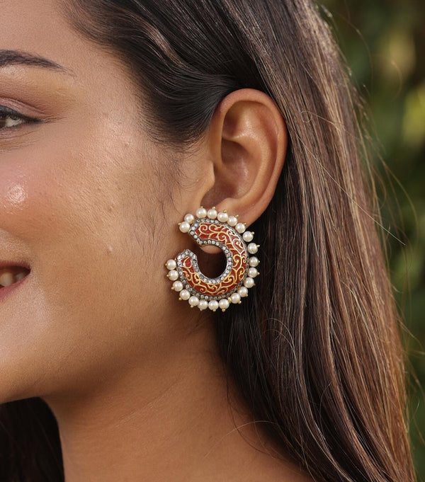 Red Enamel Kundan Earrings | 22K Gold Plated Pearl Hoops | Handcrafted Jaipur Jewelry | Elegant Indian Statement Earrings for Women