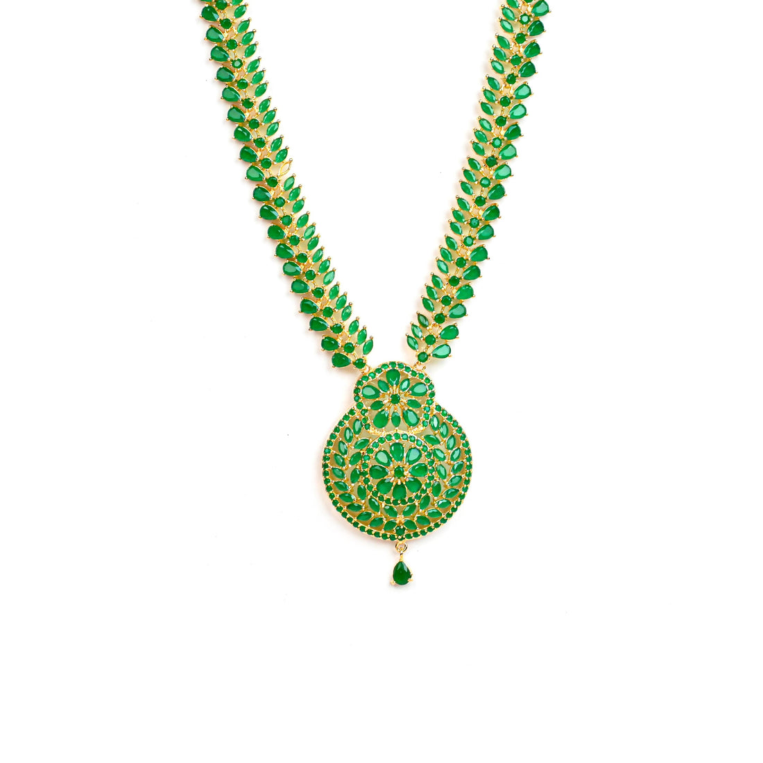 Emerald Green Long Necklace Set | 22K Gold Plated Indian Jewelry | Handmade Bridal Haar | Statement Wedding Set — 4