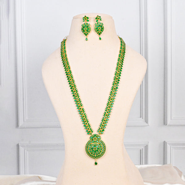 Emerald Green Long Necklace Set | 22K Gold Plated Indian Jewelry | Handmade Bridal Haar | Statement Wedding Set