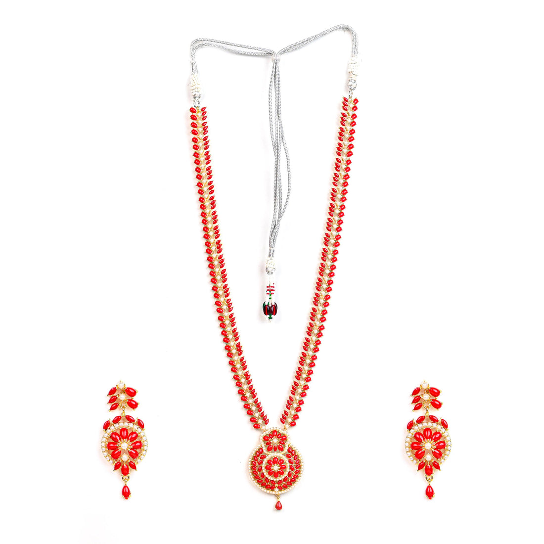 Long Coral & Pearl Necklace Set | 22K Gold Plated Indian Jewelry | Handmade Bridal Necklace | Red Coral Statement Jewelry | Pearl long Haar — 3