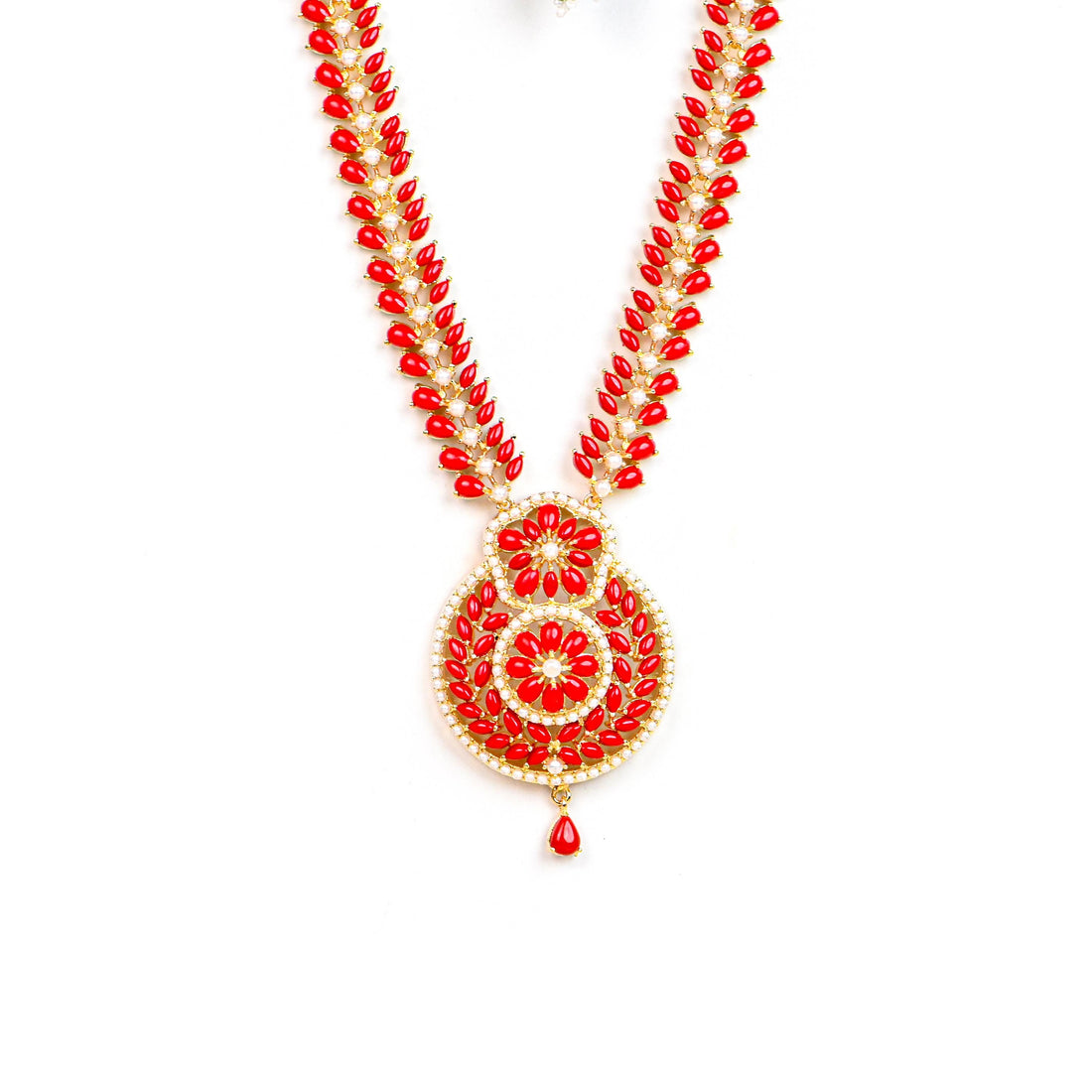Long Coral & Pearl Necklace Set | 22K Gold Plated Indian Jewelry | Handmade Bridal Necklace | Red Coral Statement Jewelry | Pearl long Haar — 4