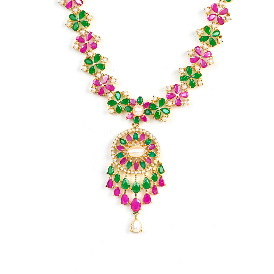 Wedding Ruby Emerald Pearl Necklace Set | 18k Gold Plated Indian Jewelry | Handmade Bridal Necklace & Earrings | Gift for Her — 2