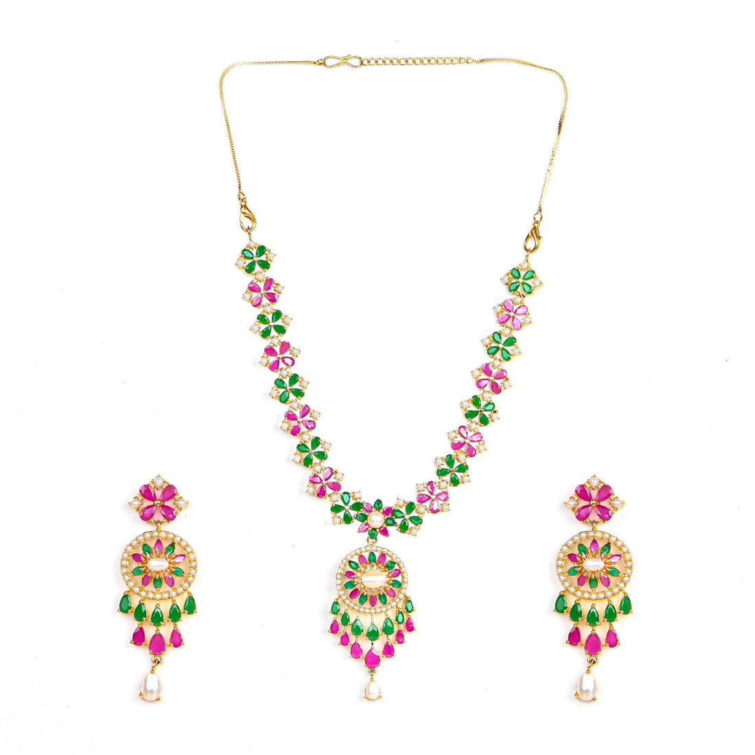Wedding Ruby Emerald Pearl Necklace Set | 18k Gold Plated Indian Jewelry | Handmade Bridal Necklace & Earrings | Gift for Her — 3