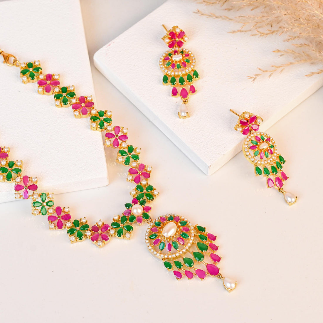Wedding Ruby Emerald Pearl Necklace Set | 18k Gold Plated Indian Jewelry | Handmade Bridal Necklace & Earrings | Gift for Her
