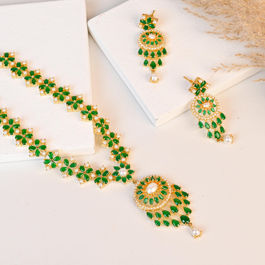 Premium Emerald Necklace Set | Gold Plated Indian Jewelry | Handmade Designer Bridal Necklace & Earrings | Wedding Gift for Her — 2