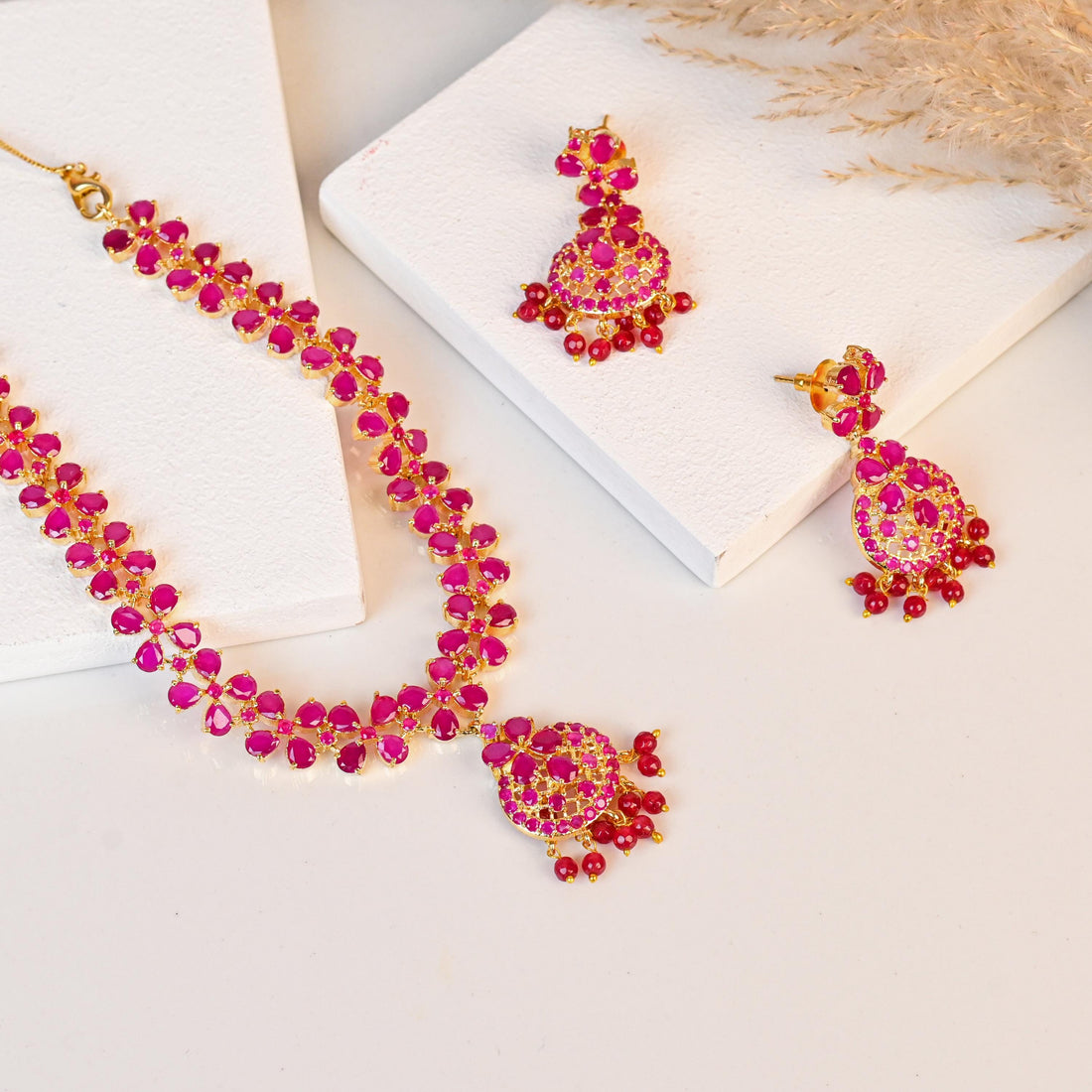 Red Ruby Stone Premium Necklace | Gold Plated Bridal Necklace | Wedding Necklace | Handmade Jewelry Set | Gift For Her — 2