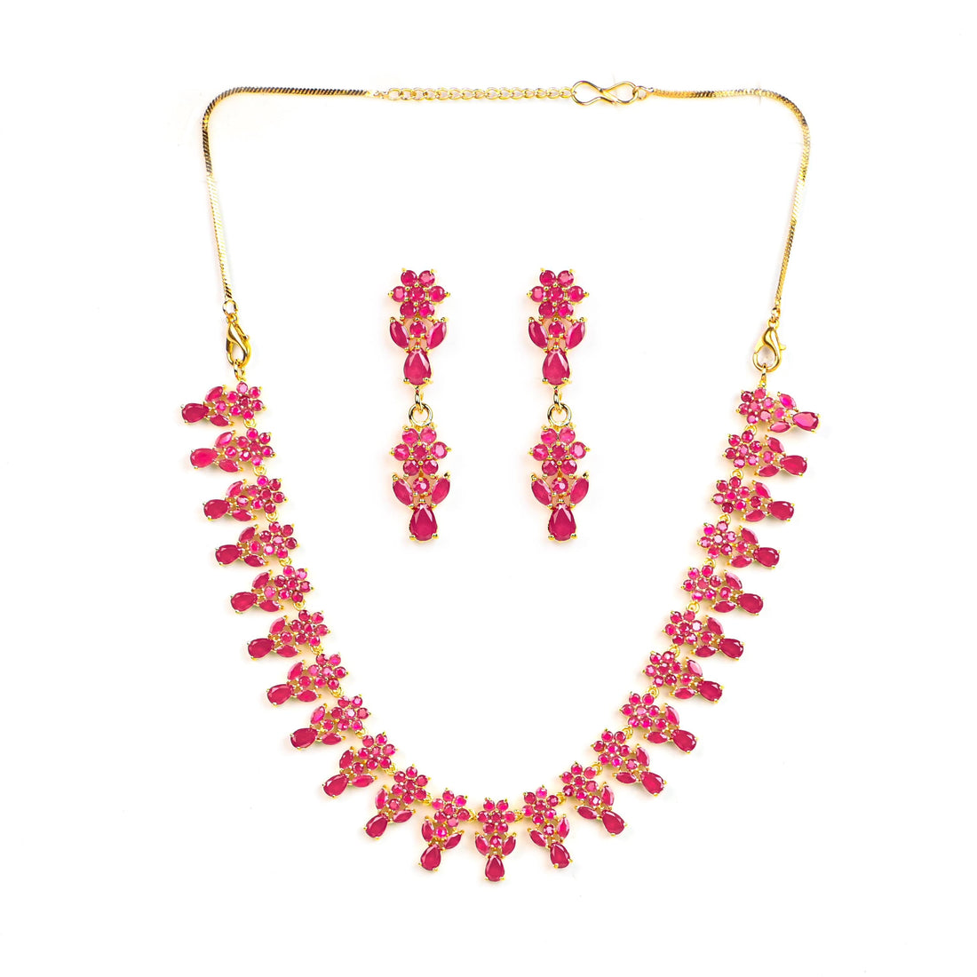 Premium Ruby Necklace Set | Gold Plated Indian Jewelry | Pink Stone Handmade Necklace & Earrings | Bridal Red Wedding Gift for Her — 3