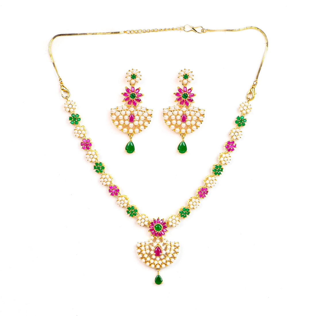 Gemstone Gold Plated Necklace, Ruby, Pearl & Emerald Handcrafted South Indian Wedding Jewelry, Ethnic Festive Party Jewelry, Gift For Her — 3