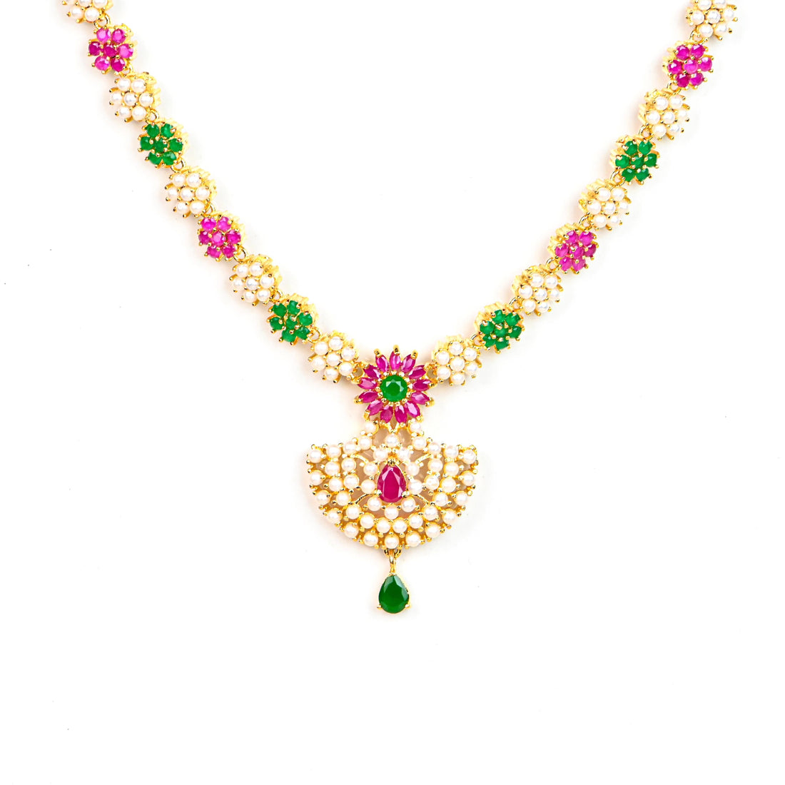 Gemstone Gold Plated Necklace, Ruby, Pearl & Emerald Handcrafted South Indian Wedding Jewelry, Ethnic Festive Party Jewelry, Gift For Her — 4