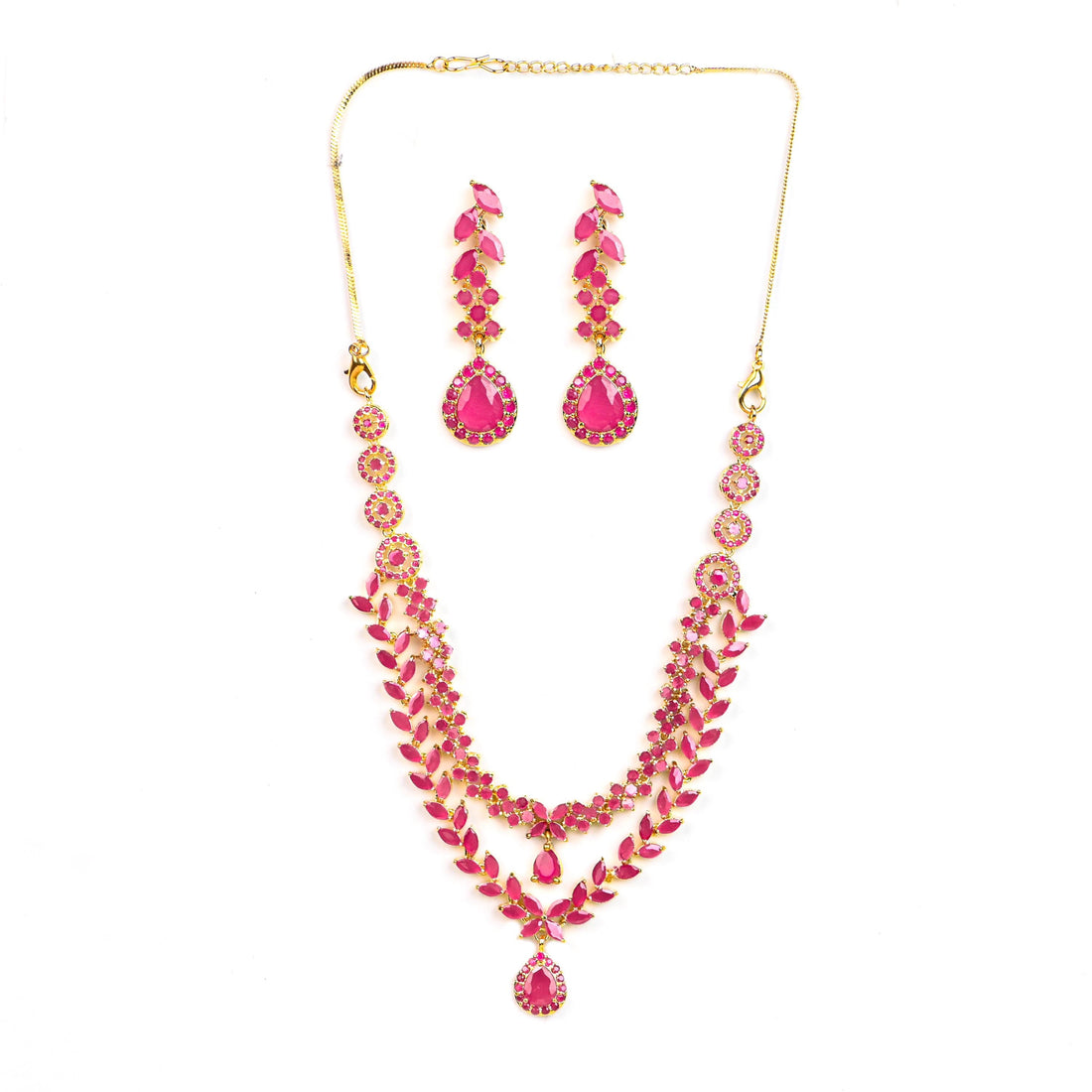 Ruby Layered Necklace Set, Designer Gold Plated Heavy Red Stone Jewelry, Premium Ruby Double Layer Necklace with earrings, Anniversary Gift — 4