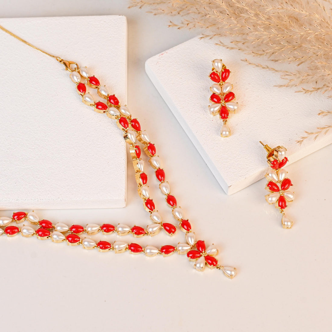 Pearl Coral Necklace Set | Italian Style Gold Plated Jewelry | Handmade Layered Necklace & Earrings | Elegant Gift for Her | Pearl Jewelry — 2