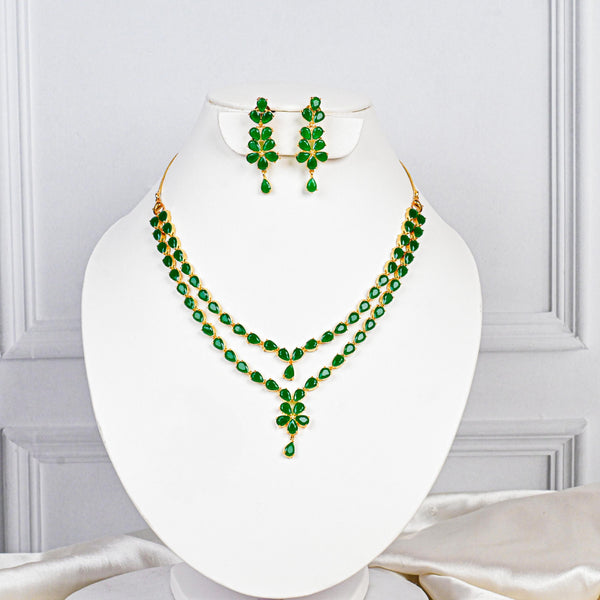 Emerald Necklace Set | Gold Plated Green Stone Jewelry | Handmade Layered Necklace & Earring | Wedding Necklace Set | Gift For Her| Boho Set