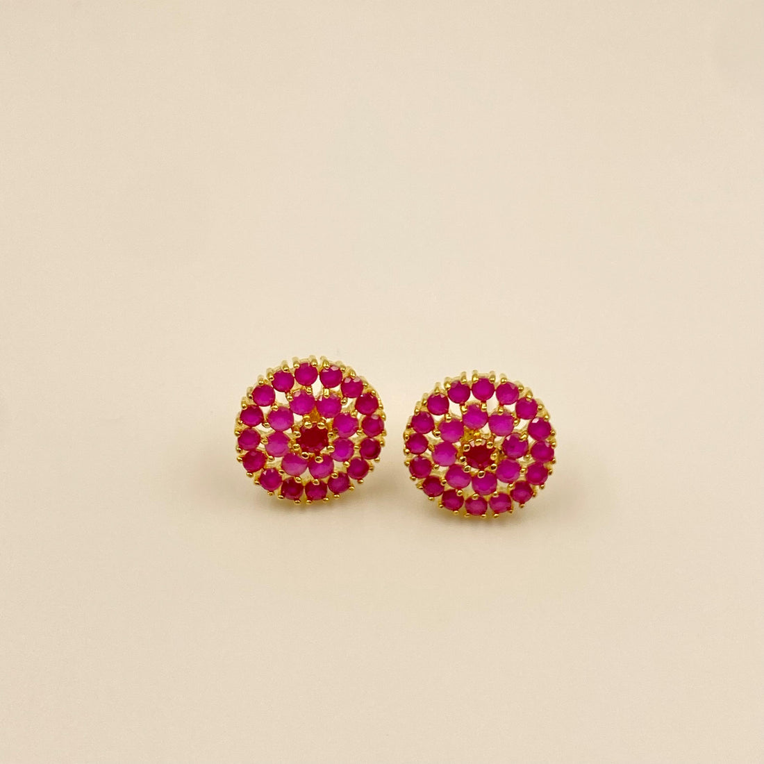 Round Stud Earrings Set | Pearl, Ruby & CZ Stone Earrings | Gold Plated Handmade Gemstone Jewelry — 4
