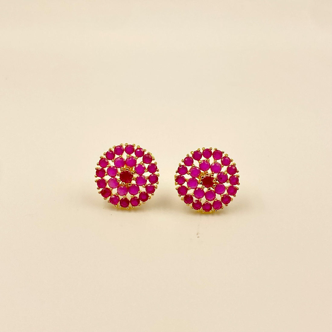 Round Stud Earrings Set | Pearl, Ruby & CZ Stone Earrings | Gold Plated Handmade Gemstone Jewelry — 3