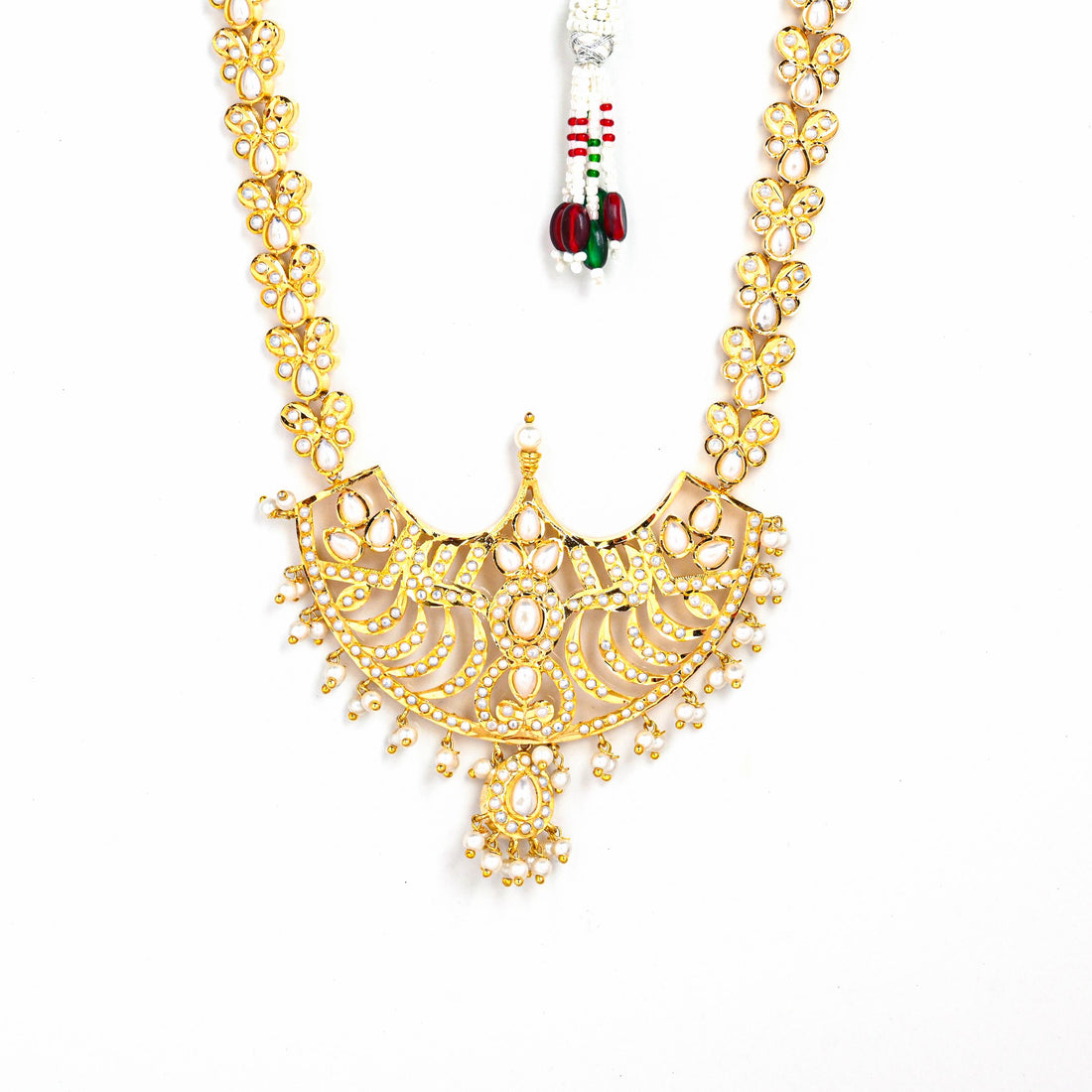 Pearl Long Necklace Haaram | Gold Plated Indian Jewelry | Handmade South Indian Style Bridal Necklace & Earrings | Wedding Gift for Her — 4