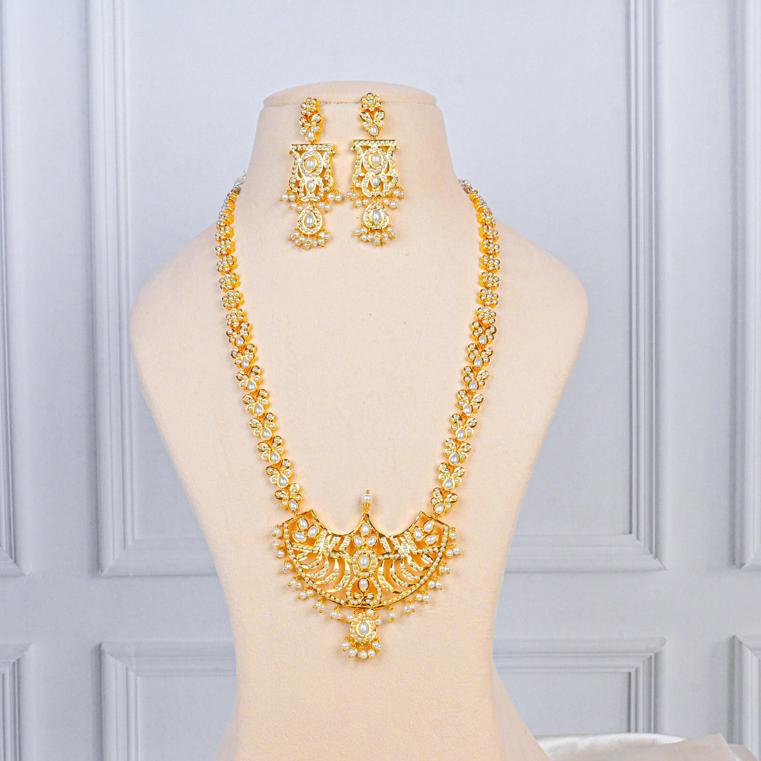 Pearl Long Necklace Haaram | Gold Plated Indian Jewelry | Handmade South Indian Style Bridal Necklace & Earrings | Wedding Gift for Her