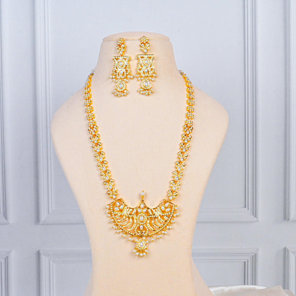 Pearl Long Necklace Haaram | Gold Plated Indian Jewelry | Handmade South Indian Style Bridal Necklace & Earrings | Wedding Gift for Her