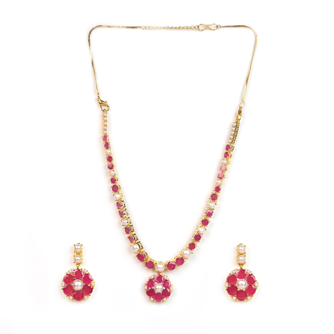 Gold Plated Ruby Pearl Floral Necklace | South Indian Lightweight Bridal Jewelry | Traditional Wedding Wear | Ruby Necklace | Gift for Her — 8