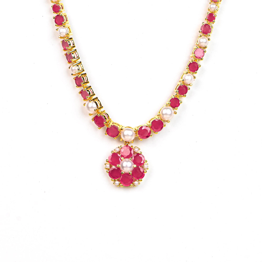 Gold Plated Ruby Pearl Floral Necklace | South Indian Lightweight Bridal Jewelry | Traditional Wedding Wear | Ruby Necklace | Gift for Her — 4